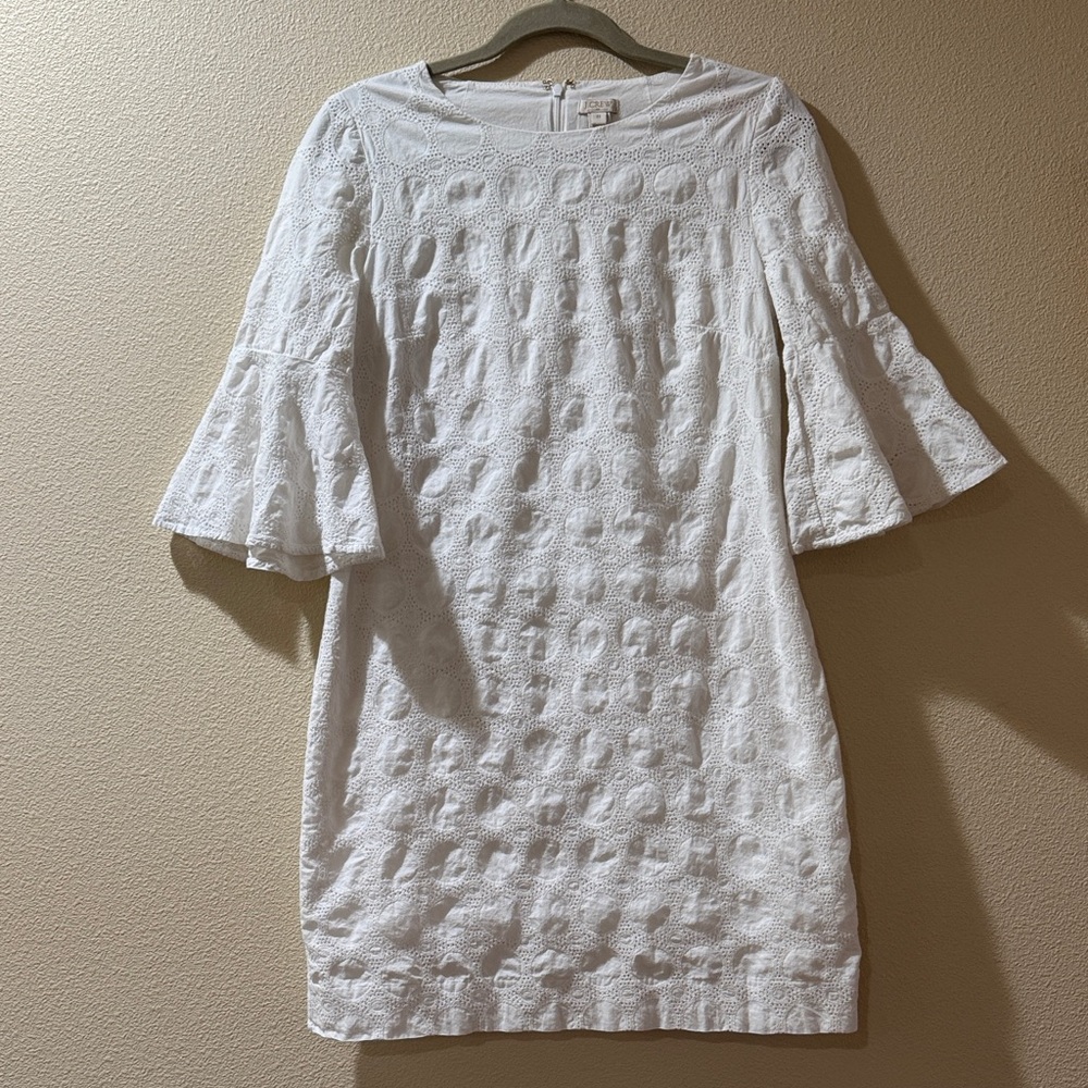 J. Crew White Textured Extra Small Dress with Billowy Sleeve
